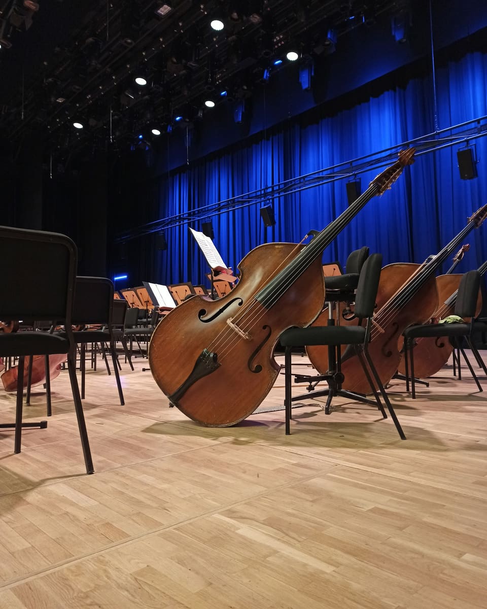 A double bass and cellos resting on a concert stage