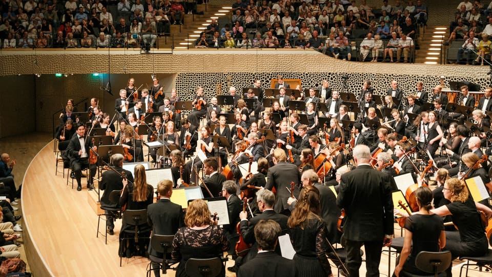 A conductor leading an orchestra in a concert hall
