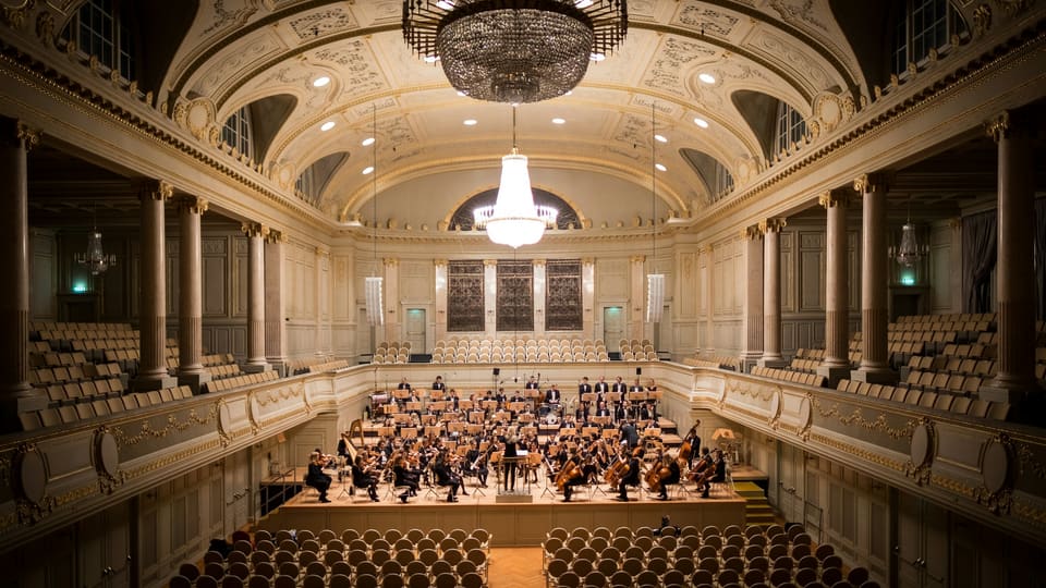 An orchestra performing in an ornate concert hall